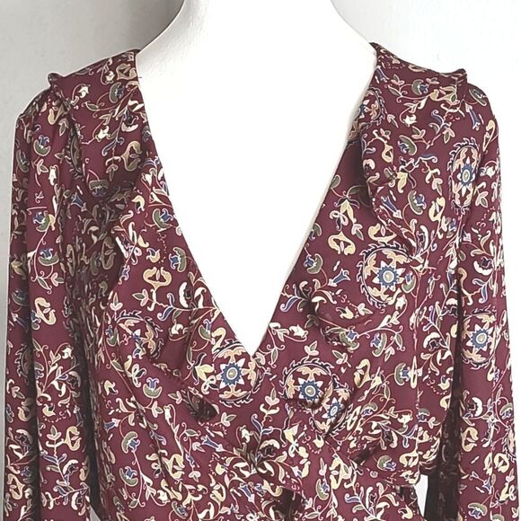 Max Studio Maroon Floral Blouse with Criss-cross Ruffle & Tie in Front, Sz Large - Picture 4 of 10